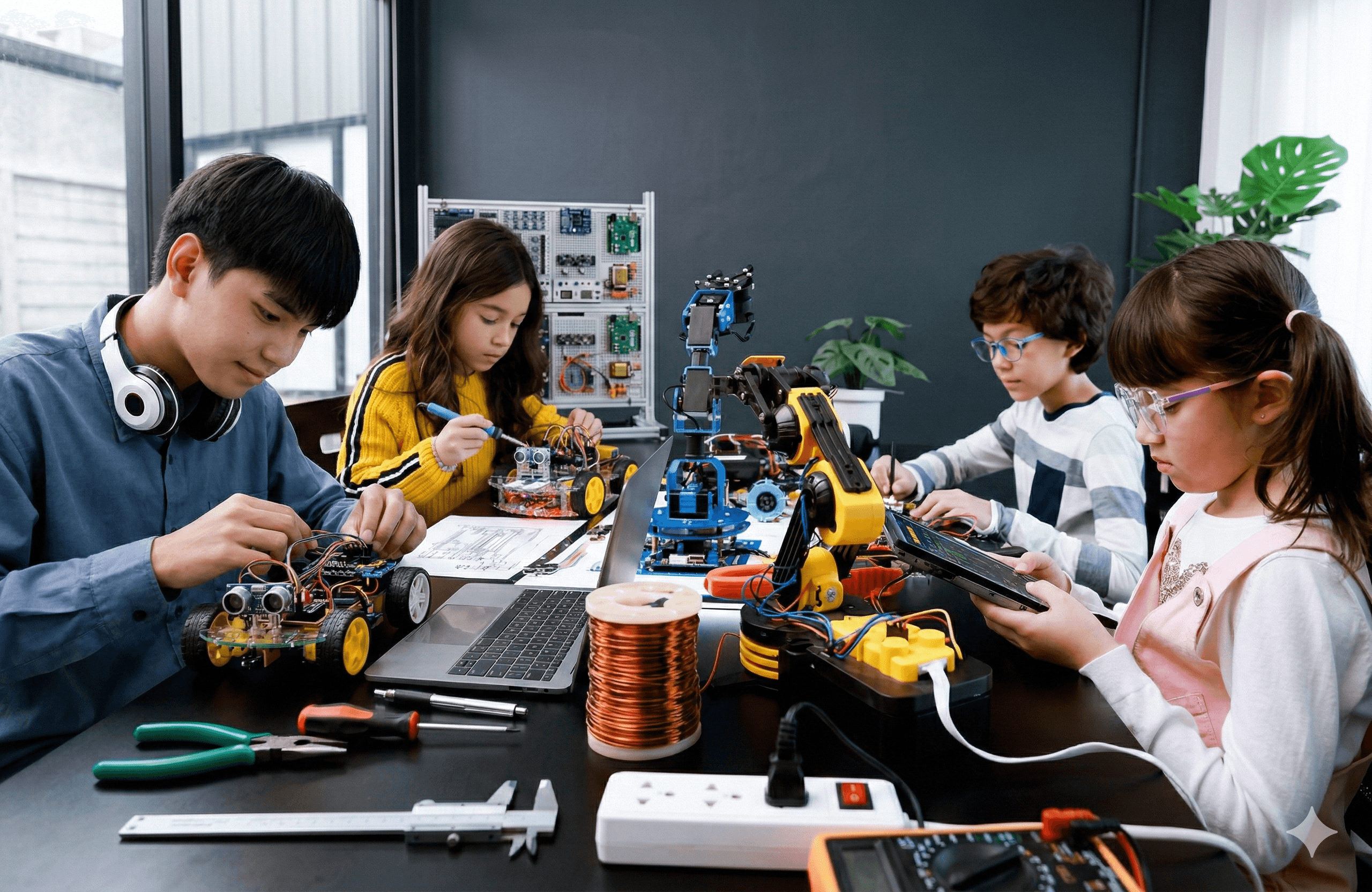 Estudiantes construyendo proyectos de robótica con acompañamiento